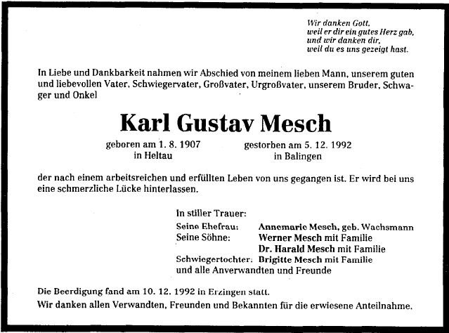 Mesch Karl Gustav 1907-1993 Todesanzeige